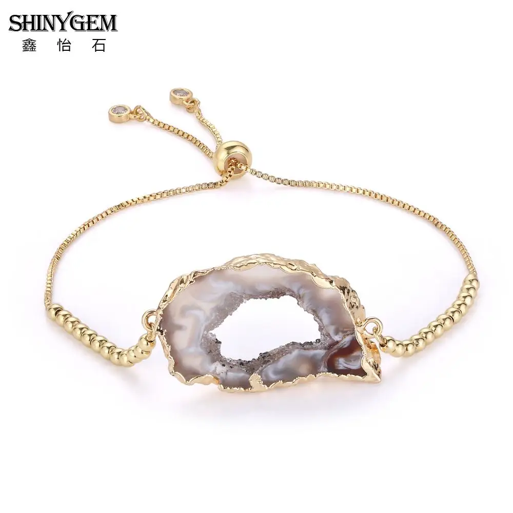 ShinyGem ручной работы Регулируемый черный коричневый натуральный браслет с агатами золото/серебряное покрытие большие бразильские Агаты браслеты с подвесками для женщин - Окраска металла: AGB002