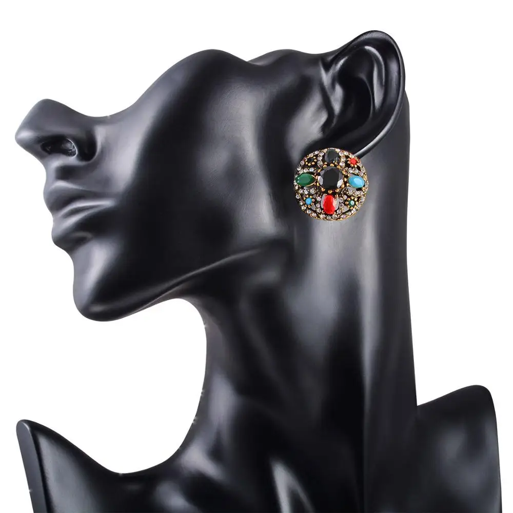 Женские серьги гвоздики в индийском стиле круглые черные полимерные богемном