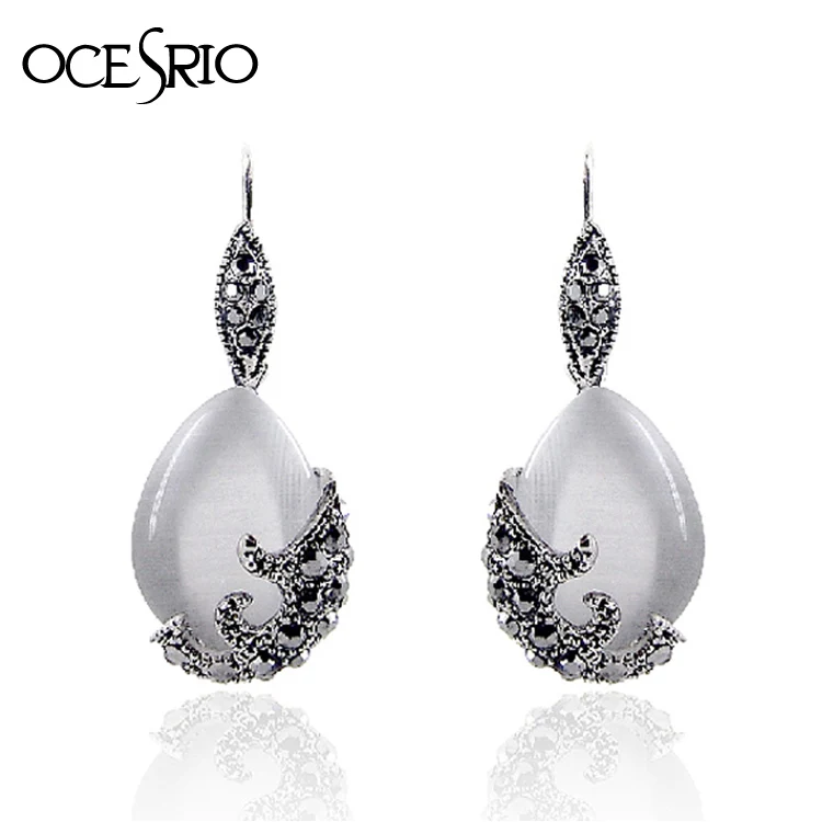 Роскошные Винтаж Серебряный кошачий глаз teardrop висячие серьги со стразами новое