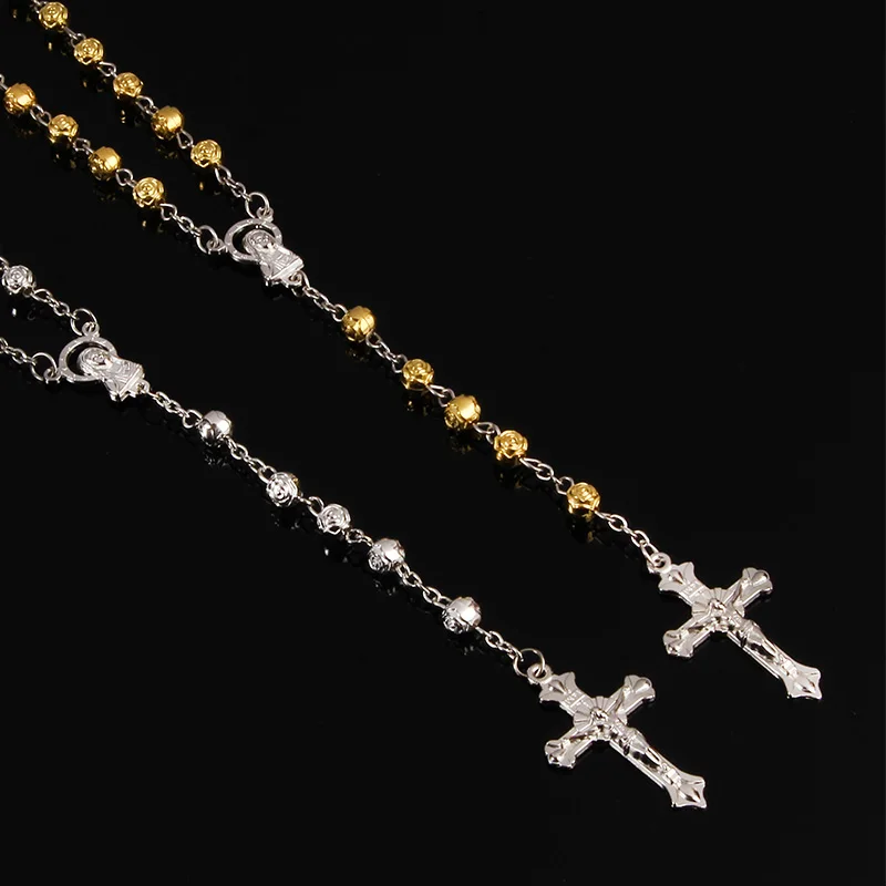 

48 штук 6 мм золотой крест Роза ожерелье ручной работы католические розовые бусы длинная цепочка Религиозные ювелирные изделия подарки для в...