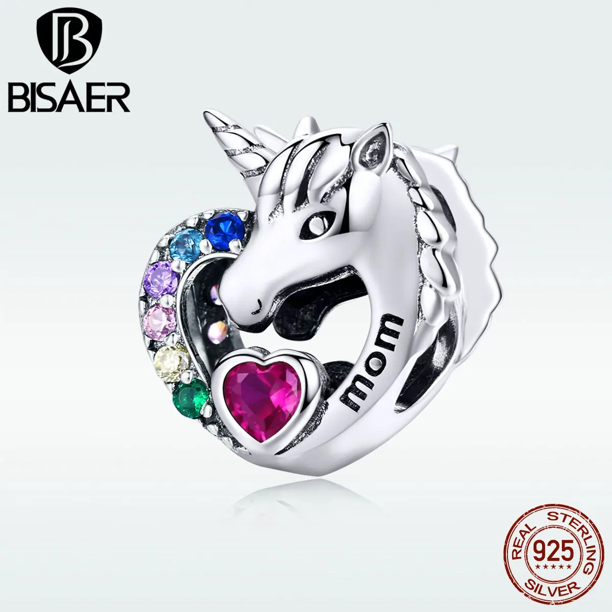 BISAER 925 пробы серебряный единорог Единорог бусины чистая любовь животные Любовь Сердце талисманы подходят для мам браслеты серебряные ювелирные изделия ECC1160