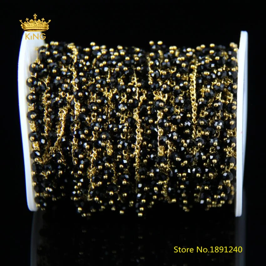 5 метров 3x4 мм Позолоченные звенья стеклянные четки цепи черные граненые Rondelle