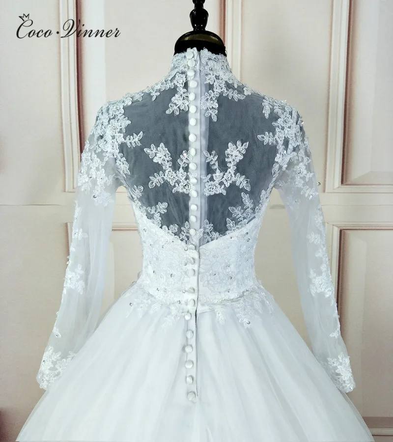 High Neck Vestido De Noiva IIIusion Back Long Sleeve Wedding Dress 2021 Custom made Lace Applique Ball Gown W0019 | Свадьбы и