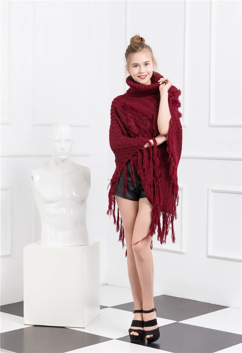 SC52 2018 Autumn Winter High Neck Loose Faux Rabbit Fur Knitted Tassel Poncho Women Black Patchwork Square Coat |