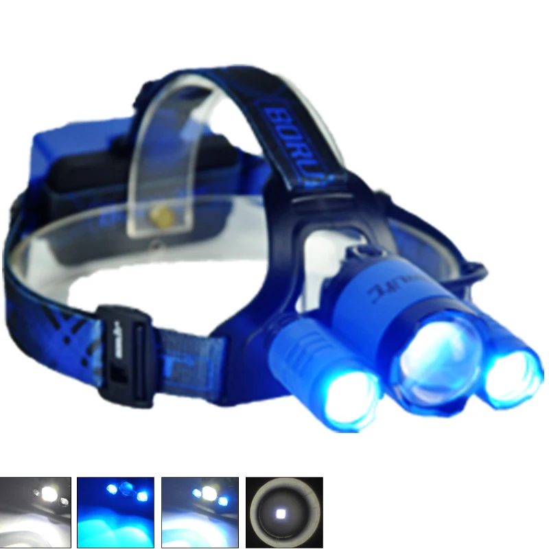 blue BORUIT налобный фонарь с зумом головной светильник XM-L2+ 2XPE светодиодный красного, синего и белого цвета, светильник вспышки светильник фонарь светодиодный светильник Отдых на природе головная лампа светильник Фонари - Испускаемый цвет: blue