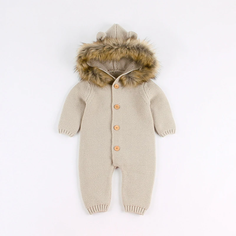 Infants Baby Winter Hooded Sweater Romper Newborn Fur Collar Knitted Cardigan Baby Boys Girls Christmas Jumpsuit Clothes