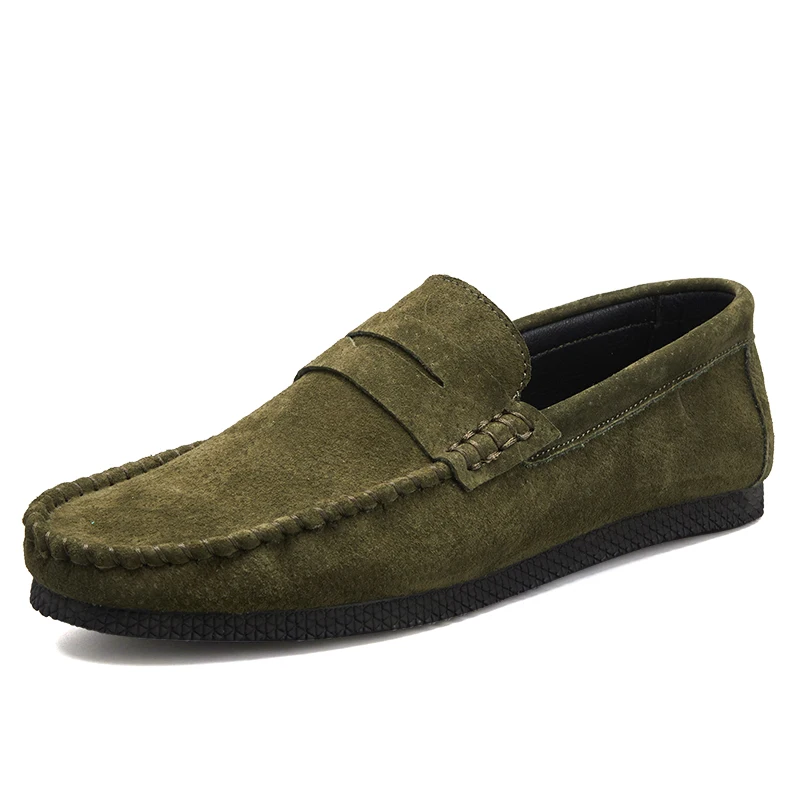New Split Leather Loafers Sneakers Man Anti-Slip Drive Shoes for Men Slip on Flat Red Blue Yellow Men's Boat Shoe Footwear | Обувь