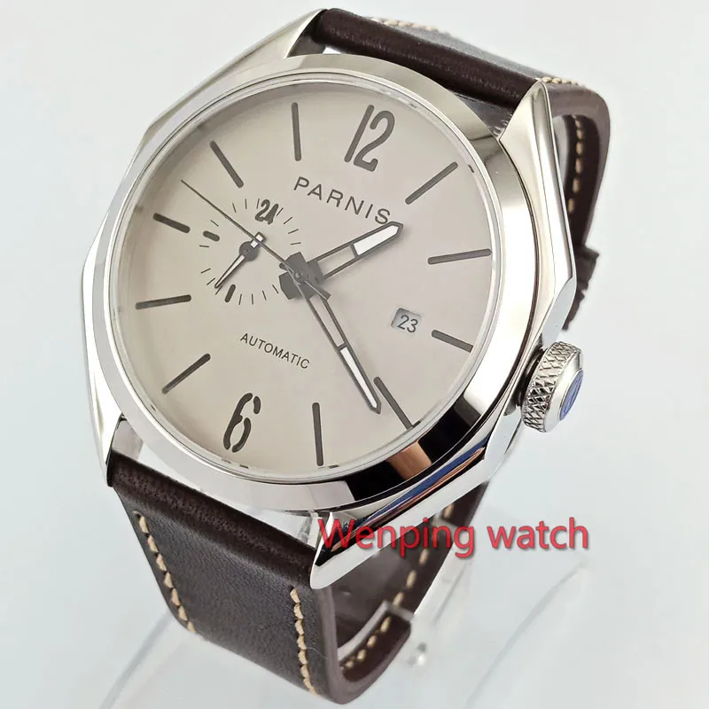Мужские часы Parnis автоматические механические с серым циферблатом и зеркальным