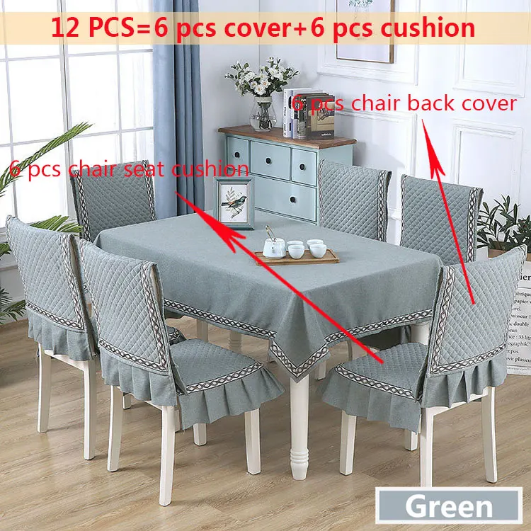 Green 12pcs Простой стиль льняная скатерть противоскользящая крышка стула подушка для столовой Пыленепроницаемая скатерть 130*180/150*200 см крышка стола - Color: Green 12pcs