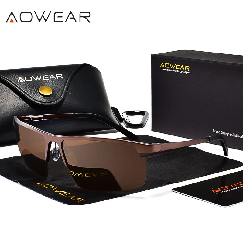 AOWEAR Мужские поляризационные солнцезащитные очки Мужские Оригинальные алюминиевые зеркальные безободковые солнцезащитные очки мужские спортивные уличные очки для вождения Gafas