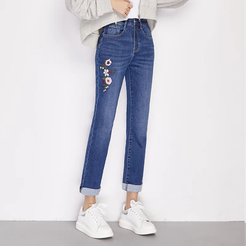 LEIJIJEANS 2019 Весна и лето новые приталенные узкие длинные прямые джинсы с цветочной