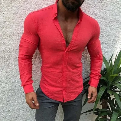 Мужская Однотонная рубашка с длинным рукавом Повседневная деловая из хлопка для