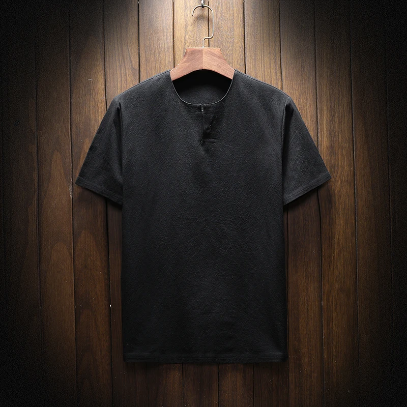 Black(Suit) Sinicism Store 5XL мужская хлопковая льняная футболка, Мужская Летняя Повседневная футболка, мужские футболки с v-образным вырезом и коротким рукавом - Цвет: Black(Suit)