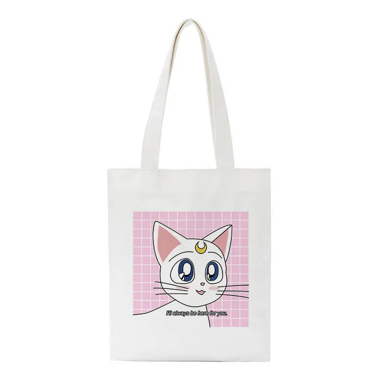 Сейлор Мун кошка милая сумка на плечо Harajuku мультфильм печати Холщовая Сумка Женская колледж Забавный Милый японский открытый карман сумки