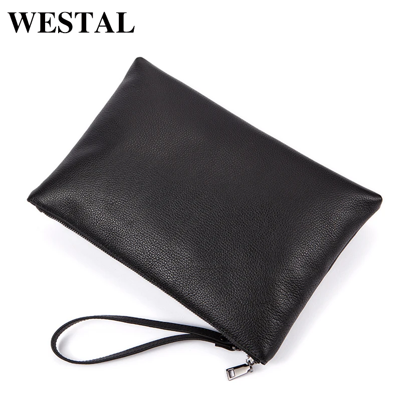 WESTAL мужской кожаный конверт клатч большой натуральная кожа однотонный черный