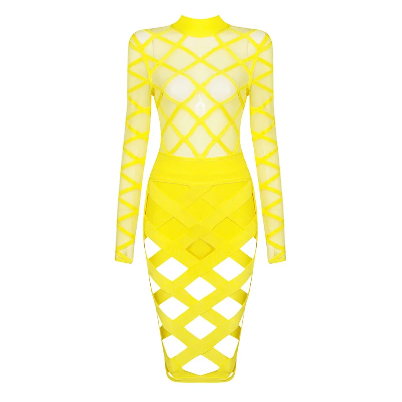 Высокое качество желтый с длинным рукавом сетки выдалбливают 2 шт вискоза ночной