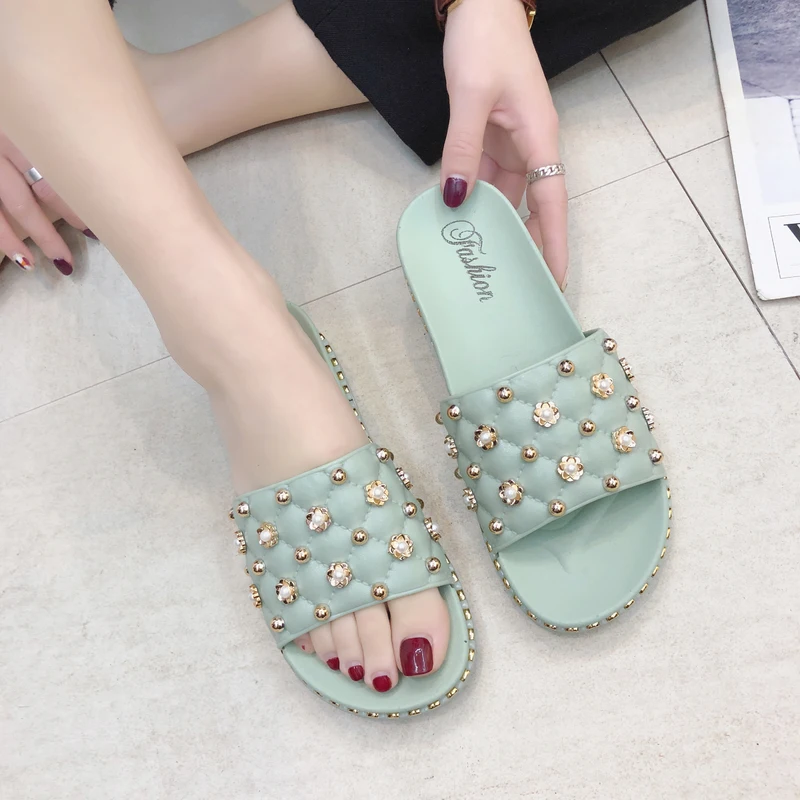 Модные женские летние шлепанцы Сандалии с жемчугом Пляжная обувь без шнуровки