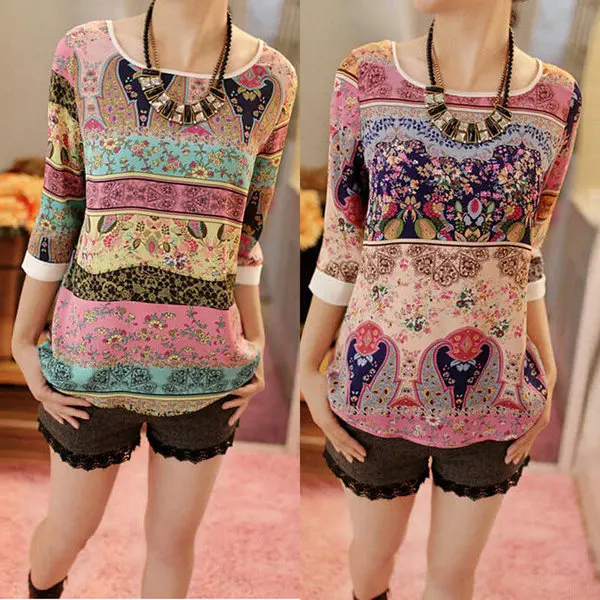 Корейская женская рубашка с рукавом 3/4 тонкая блуза в стиле кэжуал цветочным