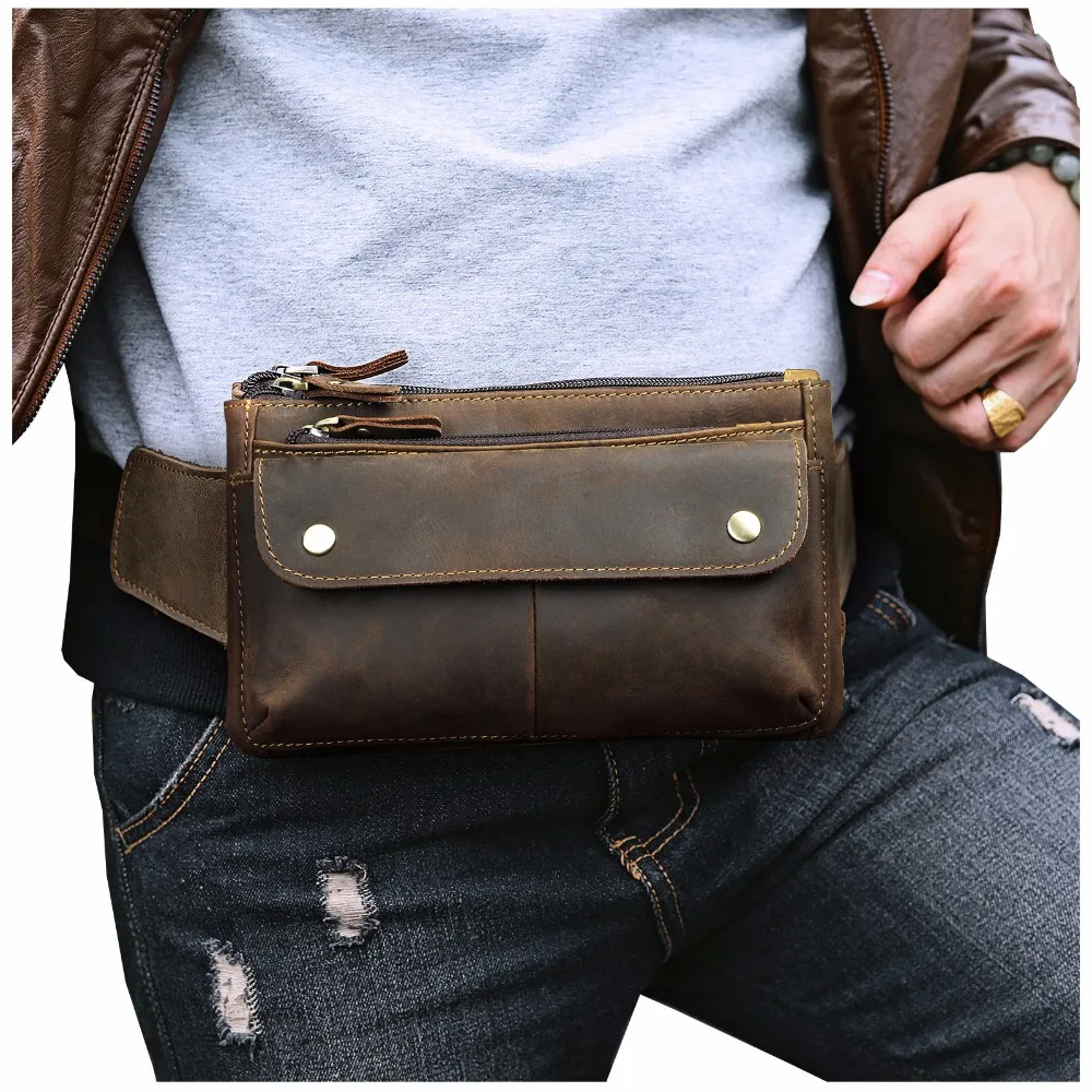 Quality Leather men Casual Design Waist Belt Bag Chest Pack Fashion Cowhide Travel 7" Phone Cigarette Case Pouch Male 8136-d