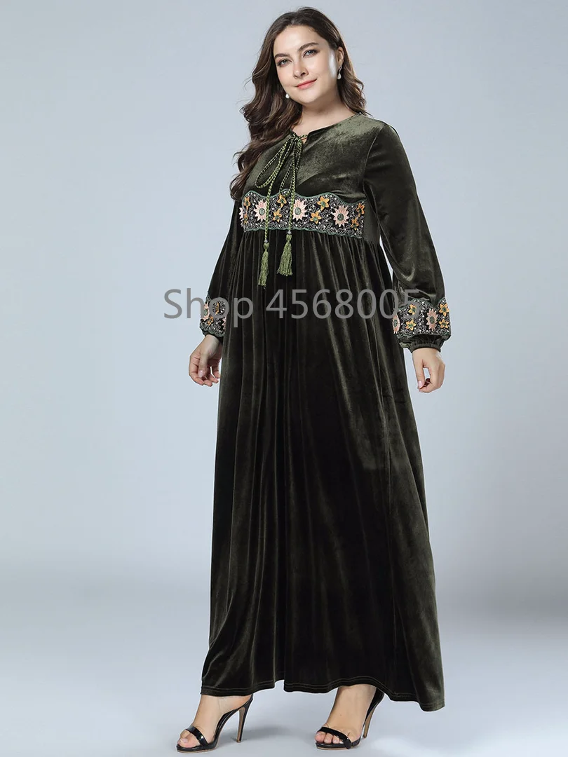 Бархатная Абая для женщин Цветочная вышивка с кисточками мусульманское платье