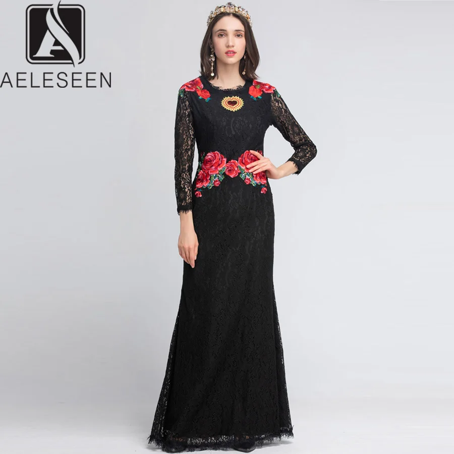 Женское облегающее платье AELESEEN белое/Черное длинное с цветочной вышивкой
