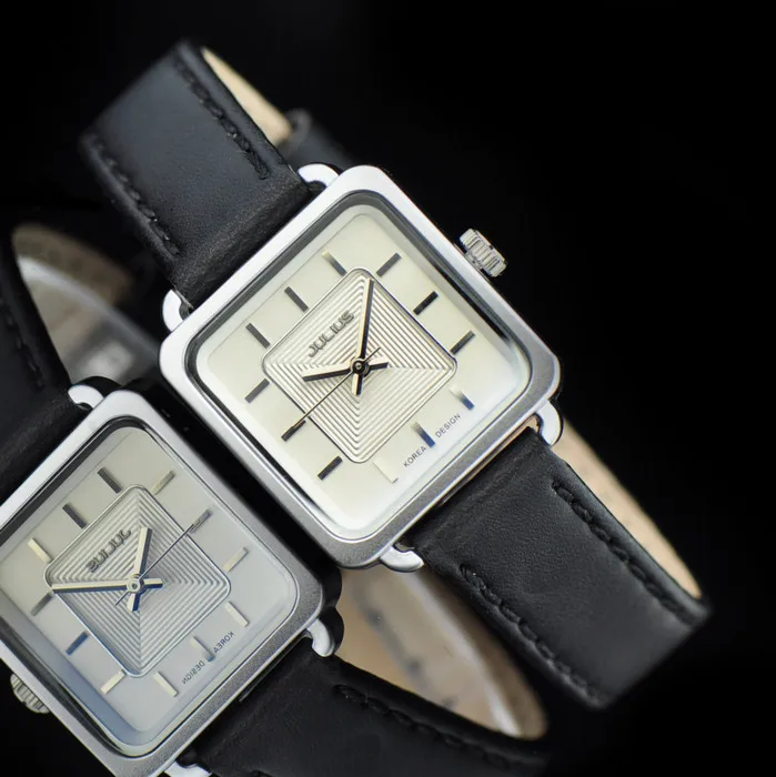 Black Silver Топ Julius женские часы Япония Кварцевые изысканные модные часы из натуральной кожи квадратные часы влюбленных Валентина девушки подарок на день рождения коробка - Цвет: Black Silver