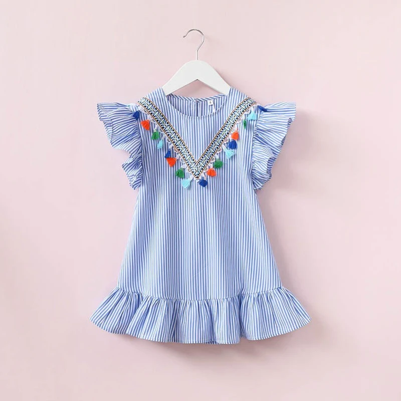 Kids Girls Summer Dress Striped Collar Tassels Ruffles Cute Casual Dresses Toddler Girl Sleeveless Wear | Детская одежда и обувь