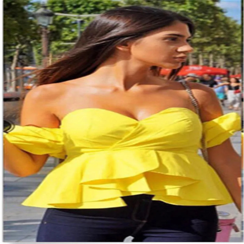 Летние Для женщин с открытыми плечами блузка Рубашки без бретелек спинки пышными