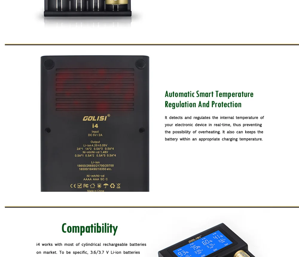 Оригинальное интеллектуальное зарядное устройство GOLISI i4 с ЖК-экраном и usb зарядкой, Интеллектуальное Быстрое зарядное устройство 2A 18650 26650 20700