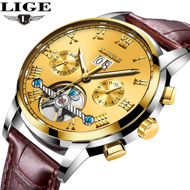 Lige Для мужчин S Часы лучший бренд класса люкс автоматические часы кожаный ремешок