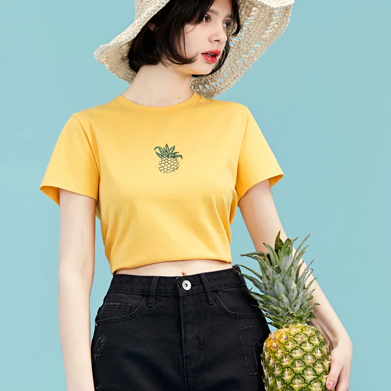 2018 Summer New Short Sleeved T-Shirt Female Ins Hot Top Fruit Embroidery Simple Wild Small Fresh Sweet Japanese Style ZTT16 | Женская