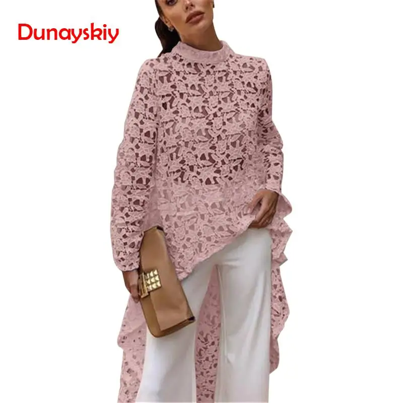 2019 весна осень Женская кружевная открытая рубашка с длинным рукавом Необычные