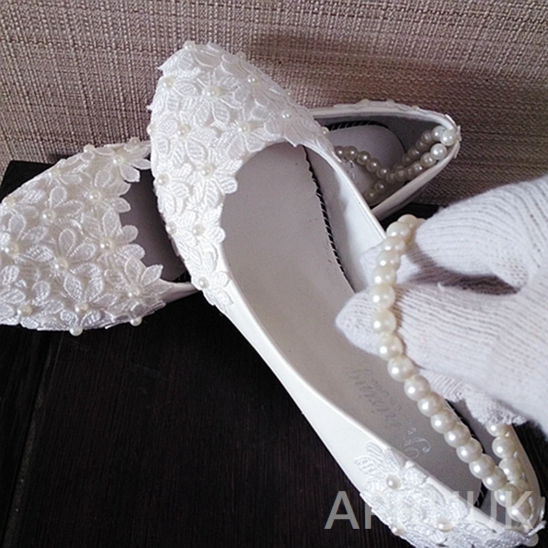 Белые свадебные туфли на танкетке 3 см с кружевом для невесты подружки дамское