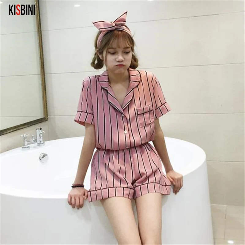 KISBINI летний женский пижамный комплект из рубашки с коротким рукавом и шортов