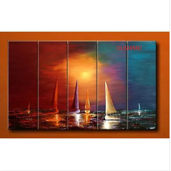 100% Ручная Роспись Картина Парусная Лодка 5-панельное масляное искусство Абстрактный Морской пейзаж Декор для дома Восход Ландшафт на стене.
