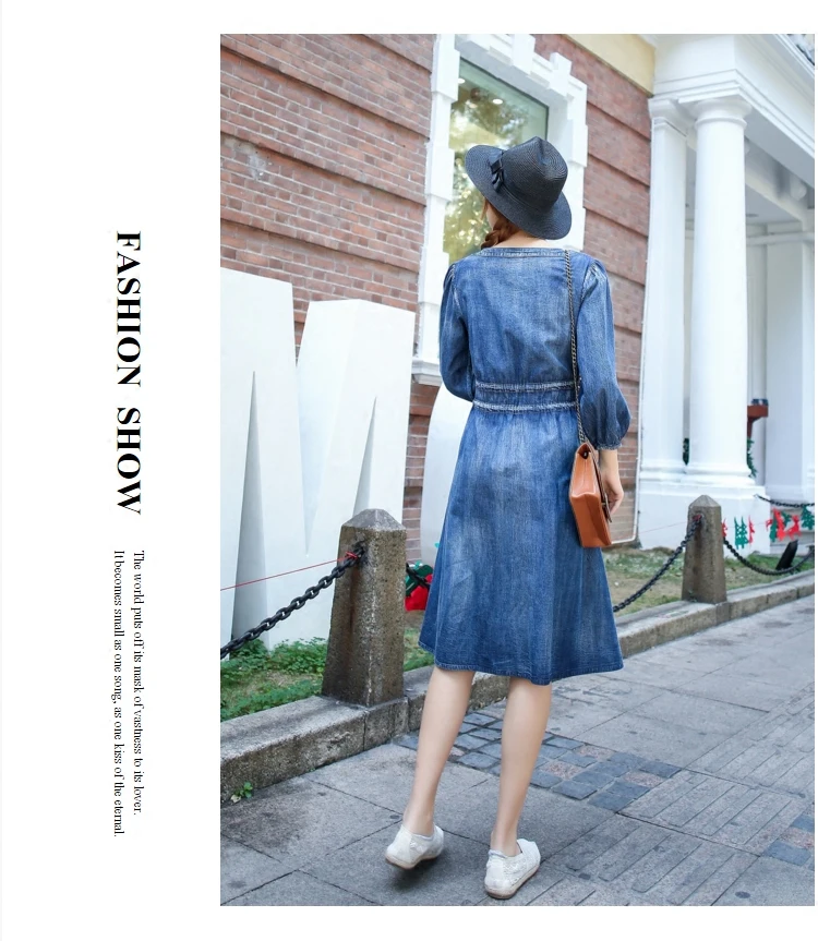 Ancient Style Teens Girls Denim Dress Embroidery V-neck Elastic Waist Fashion Casual Temperament A-line | Женская одежда