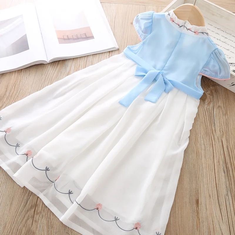 girls dress summer children's clothing white Chinese Style Students wear fashion Cloth silk Leisure Flower Princess | Детская одежда