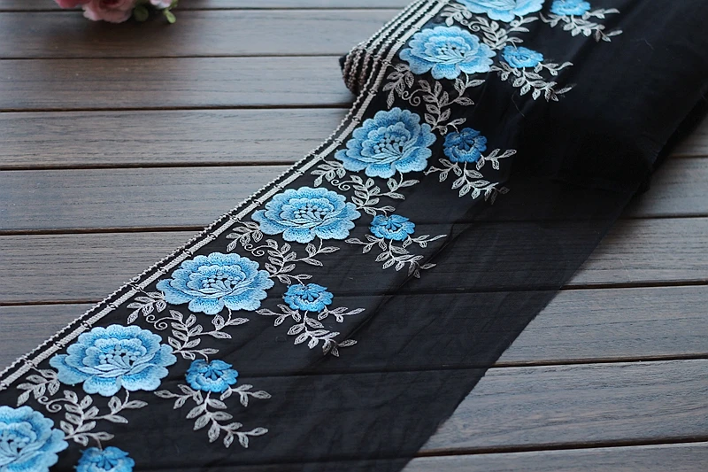 2 ярда кружевная отделка красные розы вышитые черные + синие тюлевые кружева 9 85