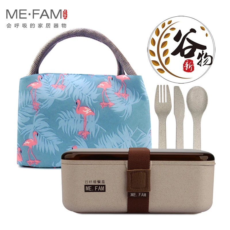 

1100ml Healthy Natural Wheat Straw Chaff Rice Husk Fiber Lunch Box With Fork Knife Spoon Handbag Kids Microwave Food Bento Boxes