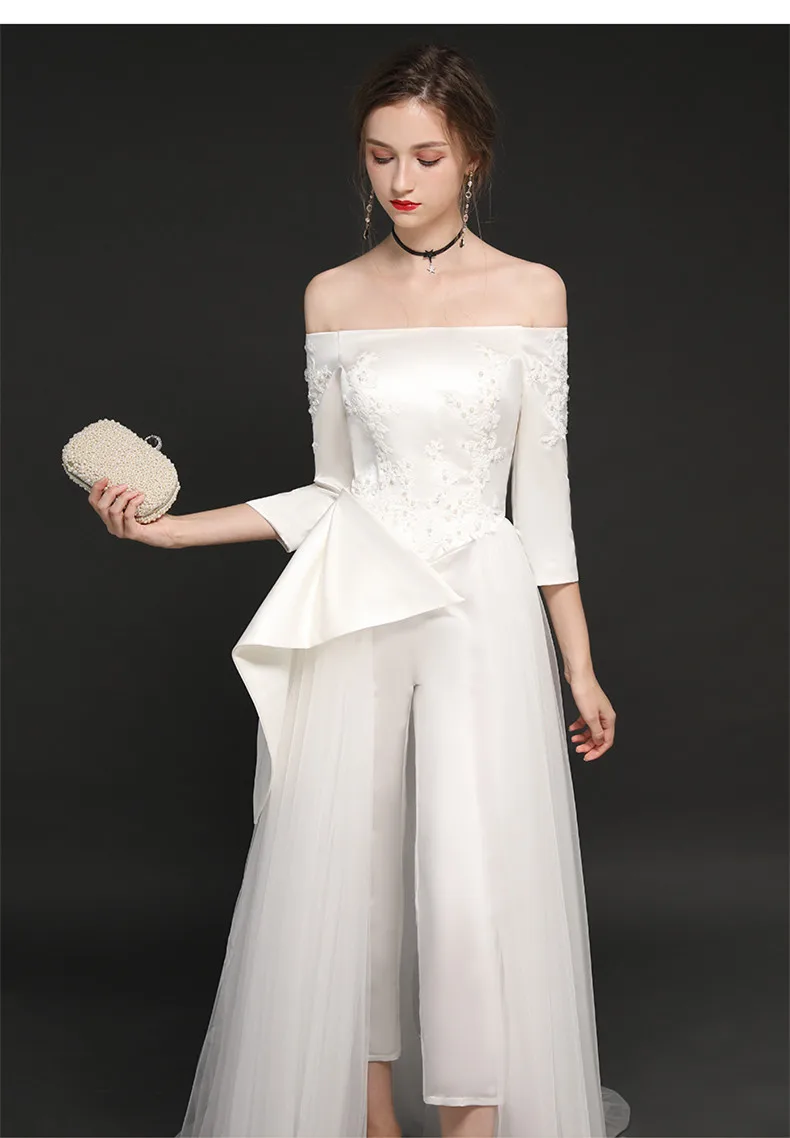 White Wedding Jumpsuits Three Quarter Sleeves New Charming Tulle Satin Wedding Dresses Off the Shoulder Vestidos de Novia