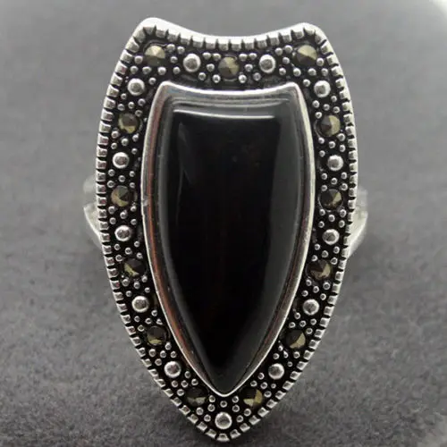 Кольцо из серебра 925 пробы 14*26 мм с NANTURAL BLACK AGATE MARCASITE Размер 7/8/9/10 | Украшения и