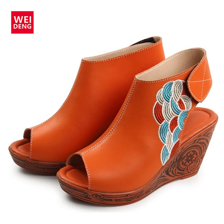 Weideng 2016 Новые летние женские туфли Летний стиль высокой печати каблуки Вязание