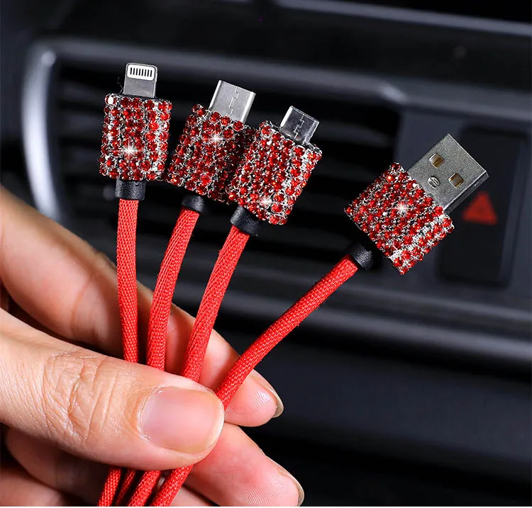 3 в 1 USB кабель для iPhone с украшением виде кристаллов автомобиль Быстрый зарядный передачи данных Android Micro Type C c
