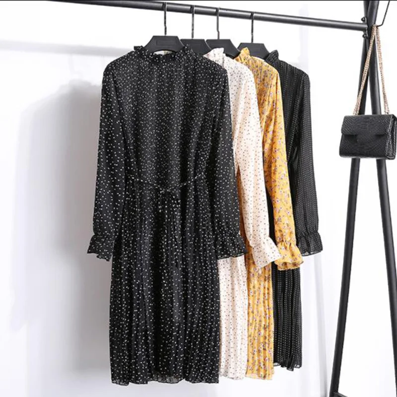 

Женское шифоновое платье с поясом, повседневные платья-трапеции с высокой талией, длинным рукавом и принтом, весна-осень 2019