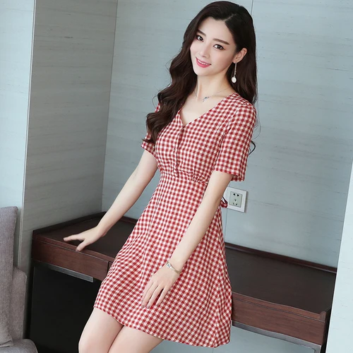 Повседневное летнее клетчатое женское платье с коротким рукавом и v образным