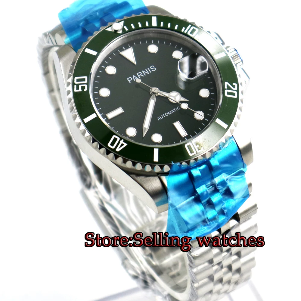 40 мм Parnis Зеленый циферблат Jubilee стиль ремень сапфировое стекло MIYOTA механизм