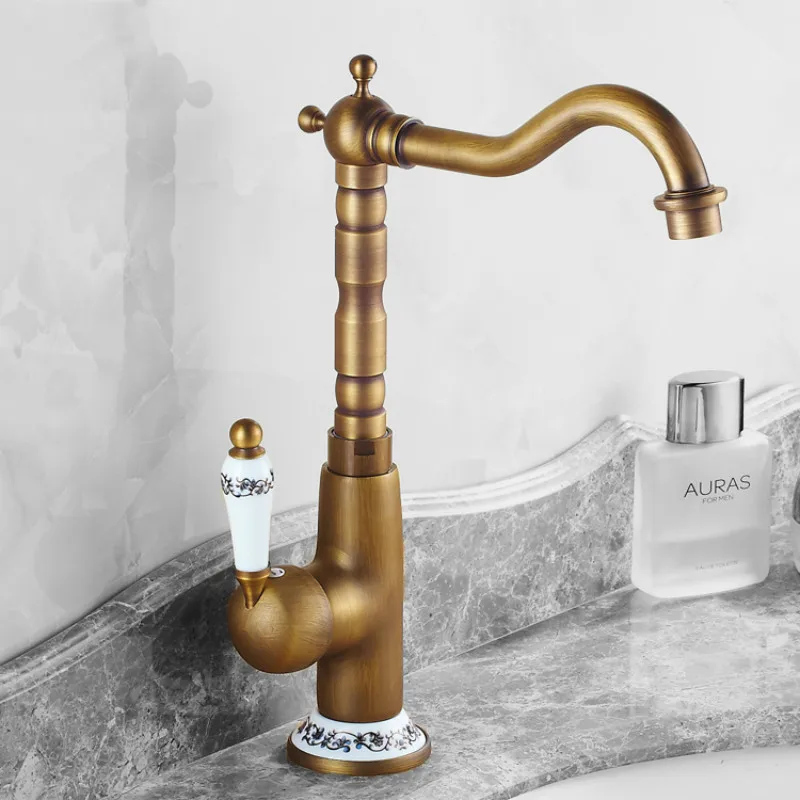 Antique copper brushed basin faucet blue and white porcelain base handle retro bathroom kitchen hot cold water mixing | Обустройство