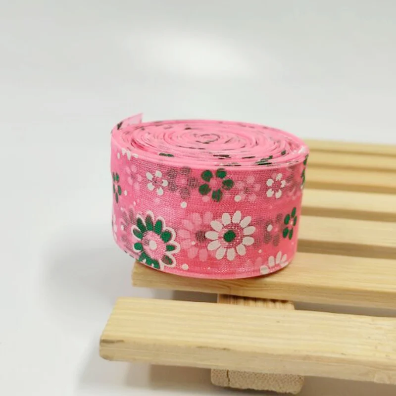 fushia flower HL 6 ярдов " ширина печатных органза ленты для свадьбы Рождество декоративные поделки DIY подарок обёрточная бумага пояс A052 - Цвет: fushia flower