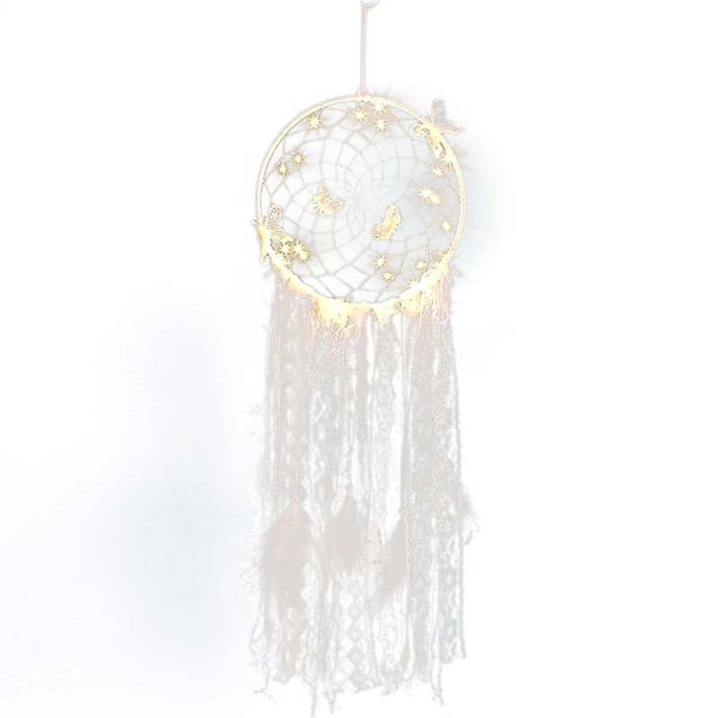 D Ловец снов светодиодный гирлянды со звездами DIY колокольчики перья Настенный декор Ловец снов украшения для комнаты девочки - Цвет: D