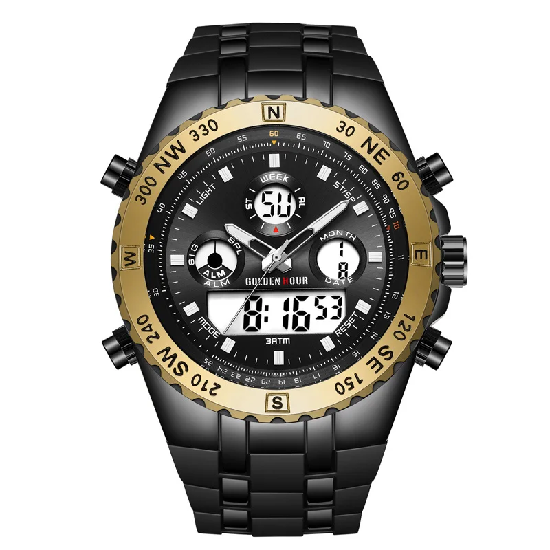 Black Gold Новые модные мужские кварцевые часы с силиконовым ремешком для спорта на открытом воздухе мужские s наручные часы с двойным дисплеем водонепроницаемые GOLDENHOUR Relogio Masculino - Цвет: Black Gold